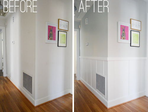 side by side comparison of a hallway that was updated with easy and affordable DIY board & batten