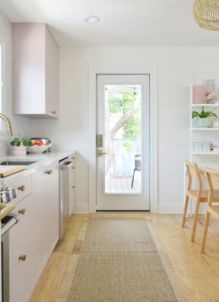 View Towards Kitchen Porch Door In Painted Mauve Pink Ikea Kitchen With Jute Runner
