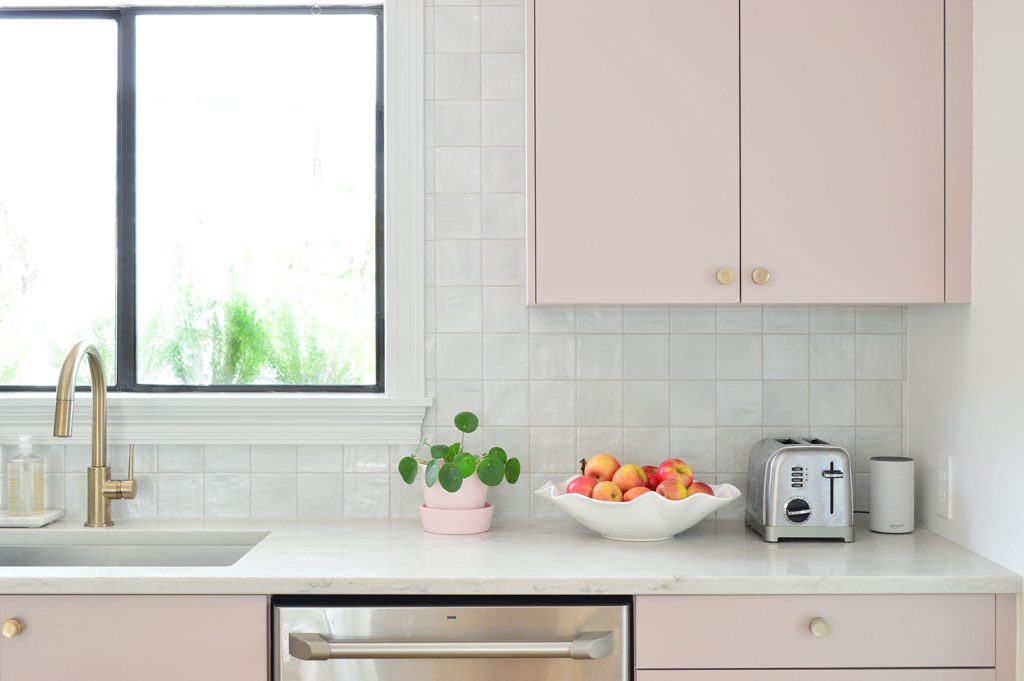 Closer View Of Square Tile Backsplash With Mauve Pink Painted Cabinets