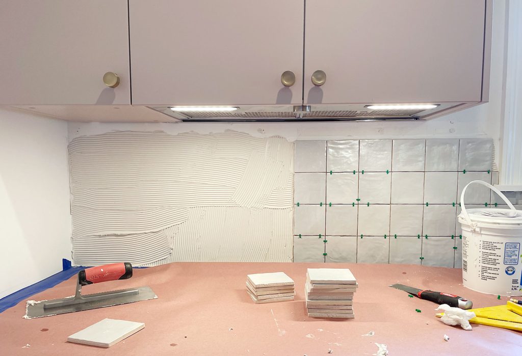 Tiling Zellige Backsplash Under Mauve Cabinets