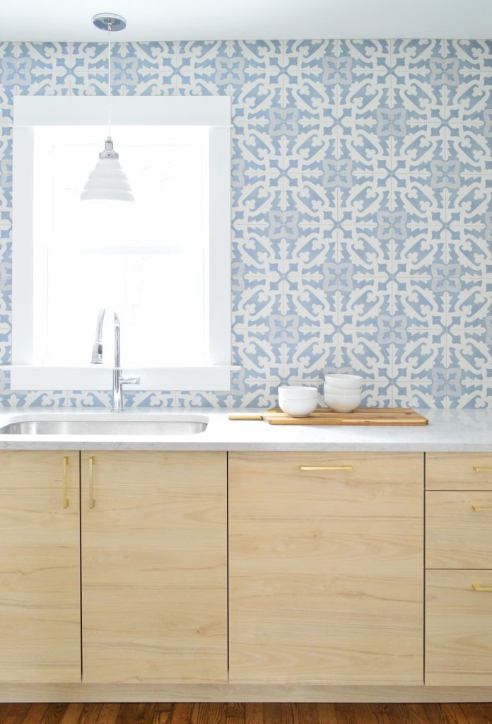 Wood Ikea Cabinets With Blue Patterned Backsplash Tile From Tile Bar