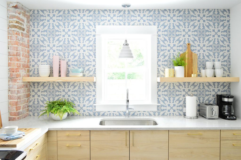 Blue Tile Backsplash With Open Wood Shelves In Duplex Kitchen