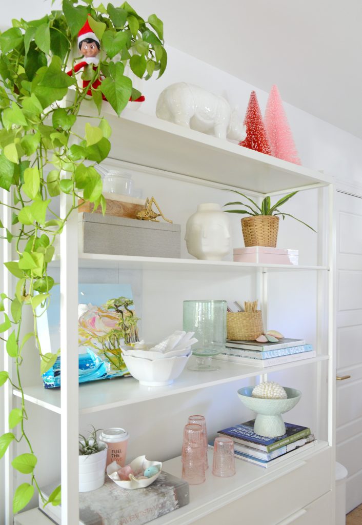 White Metal Kitchen Shelves With Plants Bottlebrush Trees and Elf On Shelf